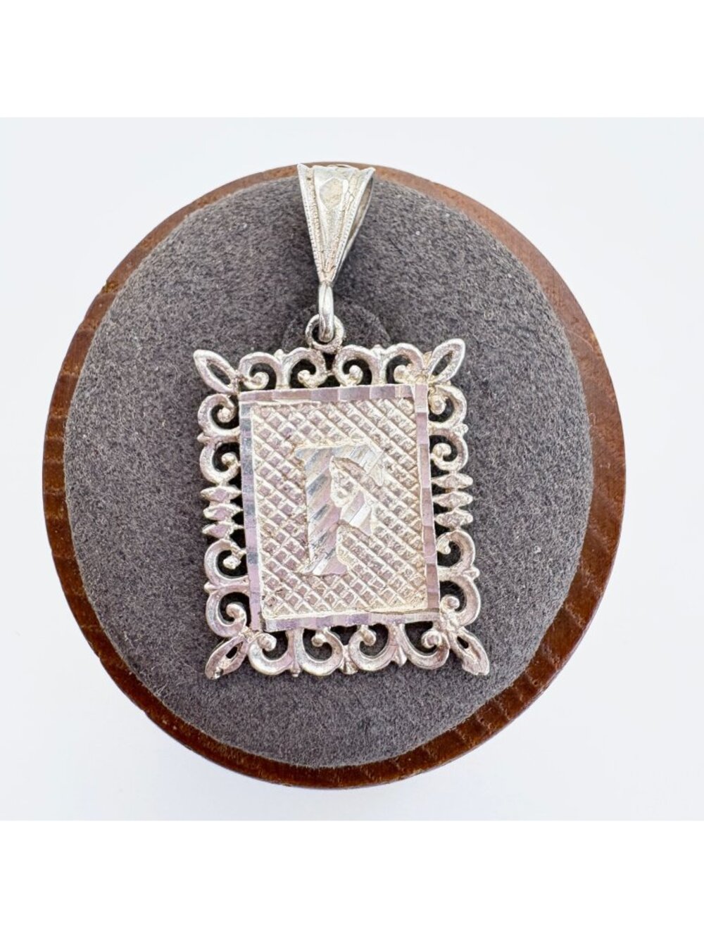 Letter F Sterling Silver 925 Textured Scroll Border Initial Pendant 1.25" Length